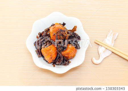 Cod roe, wood ear mushrooms, and kelp simmered in a savory sauce Cod roe, wood ear mushrooms, and kelp simmered in a savory sauce 138303343