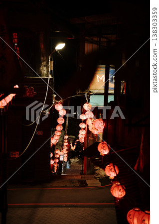 Red Lanterns Glowing in Jiufen Old Street Alley at Night Red Lanterns Glowing in Jiufen Old Street Alley at Night 138303359