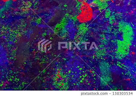 Deep Blue UV-Reactive Paint Splashes With Neon Streaks Glowing Under Blacklight 138303534