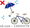 Riding a bicycle while holding an umbrella is prohibited (a simple illustration to warn against the dangers of riding a bicycle in the rain). 138303578