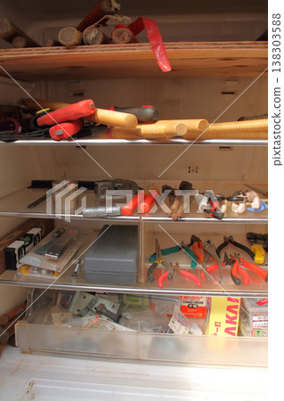 A broken refrigerator is being used as a storage unit for tools and other items. A broken refrigerator is being used as a storage unit for tools and other items. 138303588