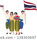 thai men and women in traditional costume standing together with thailand flag in thailand during celebration, showing unity culture and local heritage values 138303697