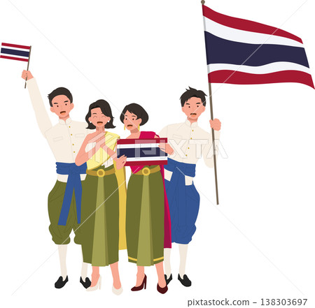 thai men and women in traditional costume standing together with thailand flag in thailand during celebration, showing unity culture and local heritage values 138303697