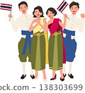 thai community in traditional clothing holding thailand flag at cultural event in thailand, expressing national pride history and shared identity 138303699