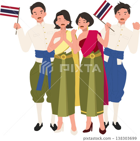 thai community in traditional clothing holding thailand flag at cultural event in thailand, expressing national pride history and shared identity 138303699