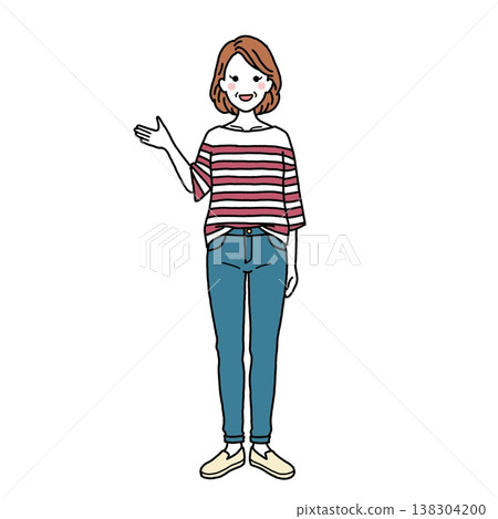 一位穿著休閒的中年婦女正在指路。 一位穿著休閒的中年婦女正在指路。 138304200