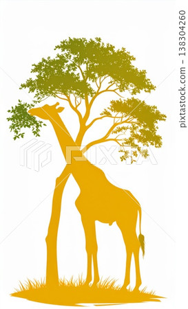Giraffe Silhouette Standing Beside Tree on White Background 138304260