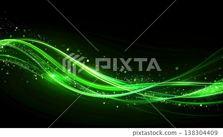 Abstract Green Glowing Swirling Light Trails on Black Background Illustration 138304409