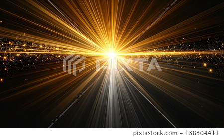 Abstract Golden Light Streaks Radiating from Central Point on Dark Background 138304411