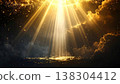 Golden Light Rays Piercing Through Fluffy Clouds with Sparkles 138304412