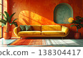 Cozy Living Room with Yellow Sofa against Textured Orange Wall in Sunlight 138304417