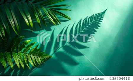 Fern Leaves Casting Shadows on a Blue Green Textured Background 138304418