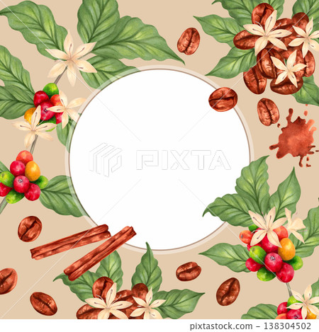 Square frame of coffee beans, leaves, berries, flower, cinnamon with space for text. Hand drawn watercolor illustration. Botanical background for menus, packaging. Aroma of Robusta, Arabica varieties. Square frame of coffee beans, leaves, berries, flower, cinnamon with space for text. Hand drawn watercolor illustration. Botanical background for menus, packaging. Aroma of Robusta, Arabica varieties. 138304502