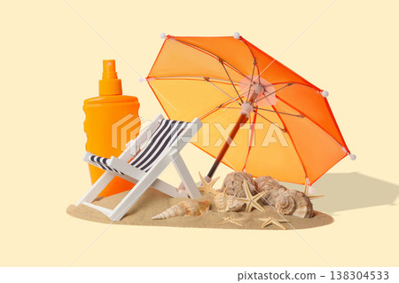 Beach chair with orange umbrella, sunscreen, and seashells Beach chair with orange umbrella, sunscreen, and seashells 138304533