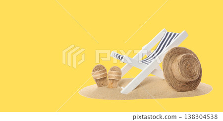 Beach chair rests on fine sand with a straw hat nearby Beach chair rests on fine sand with a straw hat nearby 138304538