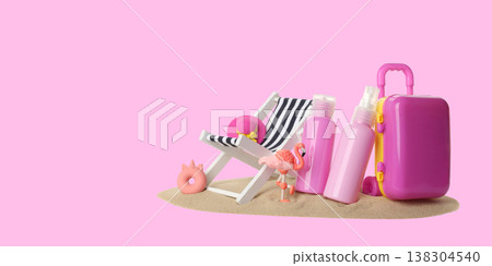 Beach chair and pink suitcase ready for summer fun and travel 138304540
