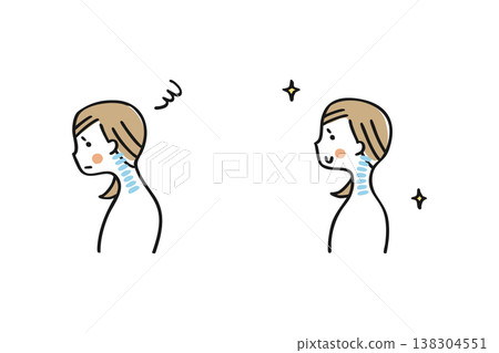 Illustration comparing straight neck and normal posture: Female ① Illustration comparing straight neck and normal posture: Female ① 138304551