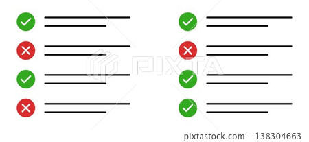 Checklist illustration with check and cross marks task list validation concept approval and rejection comparison interface design clean layout productivity workflow management evaluation system 138304663