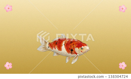 Japanese-style illustration material featuring cherry blossoms in the four corners and koi carp, with a golden HSV noise gradient background. 138304724
