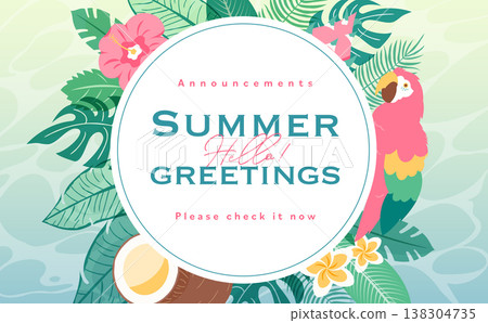 夏季熱帶樹葉背景框，留有文字空間 - 夏季假期、熱帶、海洋、花卉裝飾 138304735