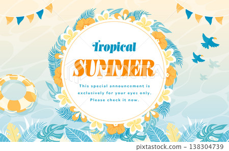 A tropical background frame inspired by the summer sea and beach during summer vacation, featuring leaves, flowers, ripples, etc. Includes space for copy. 138304739