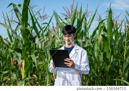 Asian agricultural researcher man looking at clipboard while standing among green crop trees in farm Asian agricultural researcher man looking at clipboard while standing among green crop trees in farm 138304753