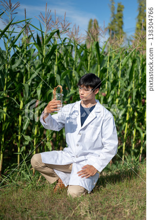 Asian agricultural researcher man holding beaker looking at sample as sitting crouching in crop farm Asian agricultural researcher man holding beaker looking at sample as sitting crouching in crop farm 138304766