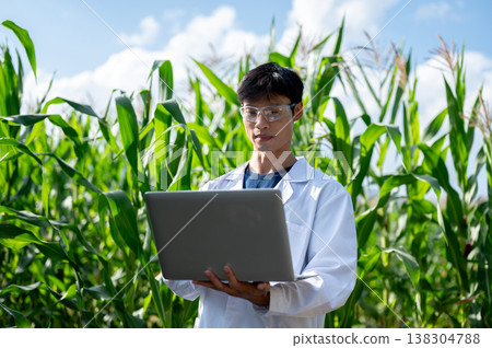 Asian agricultural researcher man holding and looking at laptop while standing working in crop farm Asian agricultural researcher man holding and looking at laptop while standing working in crop farm 138304788