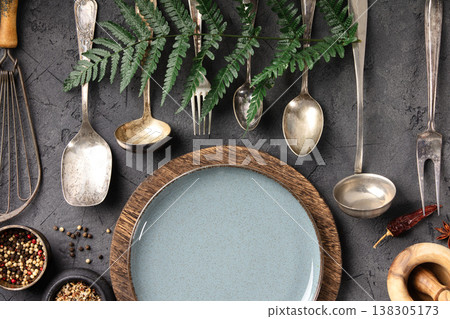 Rustic Culinary Flat-Lay Collection with Vintage Silverware, Herbs, Spices, and Natural Elements 138305173