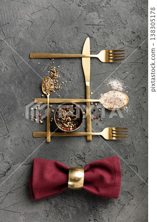 Culinary Flat-Lay Collection with Modern Gold Cutlery, Vintage Utensils, Spices, Herbs, Seasonal Leaves, and Kitchen Decor Culinary Flat-Lay Collection with Modern Gold Cutlery, Vintage Utensils, Spices, Herbs, Seasonal Leaves, and Kitchen Decor 138305178