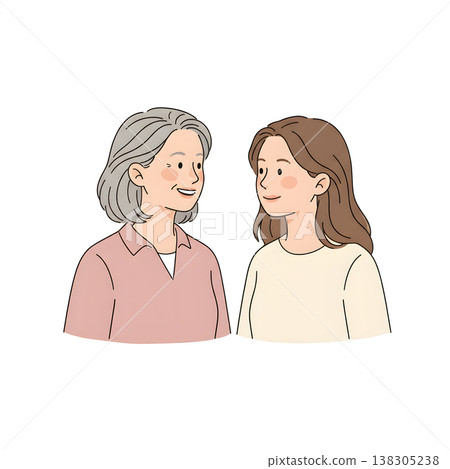 A scene of a mother and her adult daughter smiling and talking on Mother's Day (simple hand-drawn illustration) 138305238
