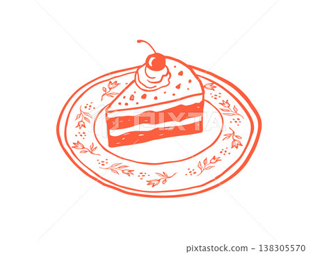 Piece of cherry cake on a plate red retro illustration. Vintage cafe, patisserie and bakery doodles Piece of cherry cake on a plate red retro illustration. Vintage cafe, patisserie and bakery doodles 138305570