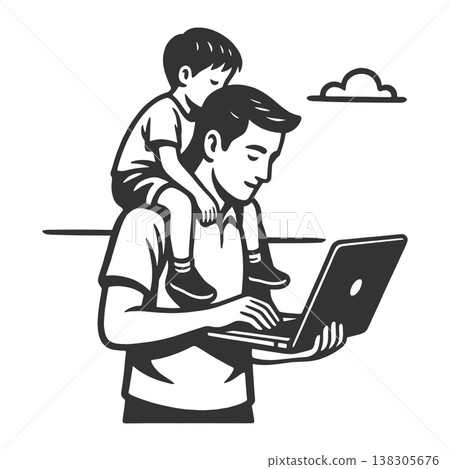 Father Working On Laptop With Child Shoulders 138305676