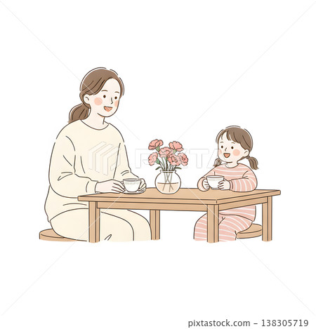 母親節當天，一位母親和孩子一起享用下午茶的場景（簡單的手繪插圖） 138305719