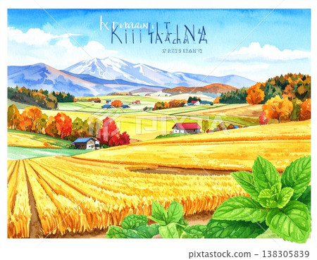 一幅描繪秋季景色的插圖，屋頂呈紅色。 138305839