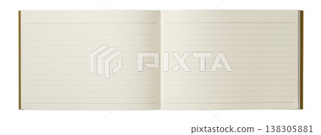 A horizontally oriented notebook with ruled lines, open to the side. A horizontally oriented notebook with ruled lines, open to the side. 138305881