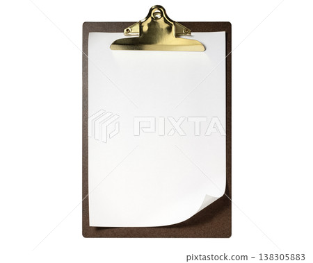 A clipboard with a piece of white paper inside. A clipboard with a piece of white paper inside. 138305883