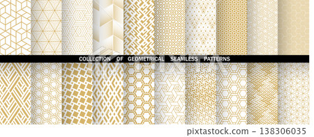 Geometric set of seamless golden and white patterns. Simple vector graphics Geometric set of seamless golden and white patterns. Simple vector graphics 138306035
