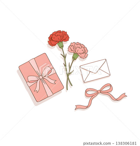 Mother's Day gift and carnation flat lay - no figures (hand-drawn style illustration) 138306181