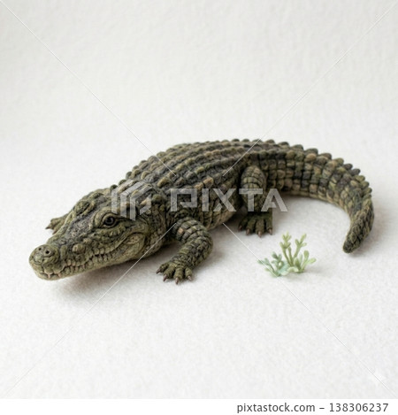 一隻睜著眼睛的鱷魚，以羊毛藝術風格繪製。 138306237