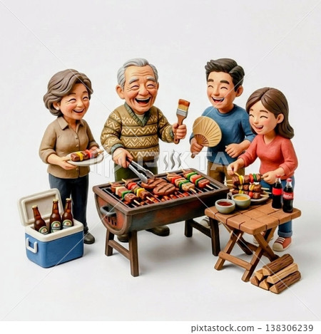 一幅以黏土藝術風格描繪的老年夫婦和他們的兒子媳婦在戶外燒烤的場景。 一幅以黏土藝術風格描繪的老年夫婦和他們的兒子媳婦在戶外燒烤的場景。 138306239