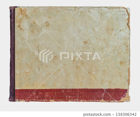 Old book cover with worn paper surface and faded spine showing heavy use and age. Concept of book, history, design preservation, antique memory, vintage archive Old book cover with worn paper surface and faded spine showing heavy use and age. Concept of book, history, design preservation, antique memory, vintage archive 138306342
