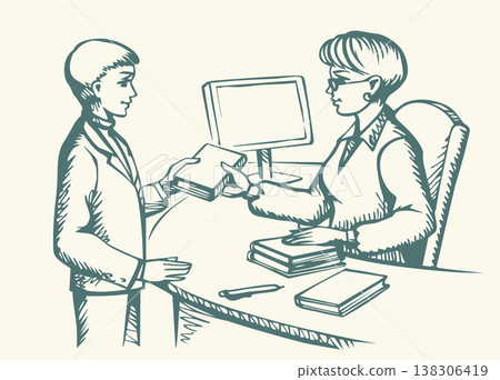Vector drawing. Young boy and woman receptionist Vector drawing. Young boy and woman receptionist 138306419