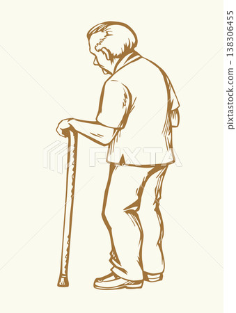 Vector drawing. Old man with wooden stick 138306455