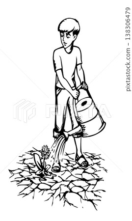 A boy waters a plant from a watering can A boy waters a plant from a watering can 138306479