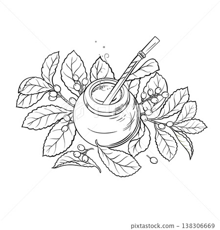 Mate Tea in Calabash Outline Illustration. 138306669