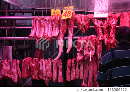Pork sold at a butcher shop in the Hong Kong market. Higher and more expensive than beef and chicken. Chinese love pork 138306812