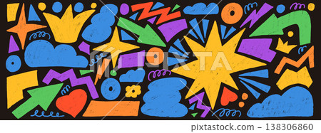 Childish doodle geometric shapes with grunge texture set. Stars, crown, arrows and vector figures by pencil. Organic playful stickers doodle isolated on dark background. Graphic hand drawn elements Childish doodle geometric shapes with grunge texture set. Stars, crown, arrows and vector figures by pencil. Organic playful stickers doodle isolated on dark background. Graphic hand drawn elements 138306860