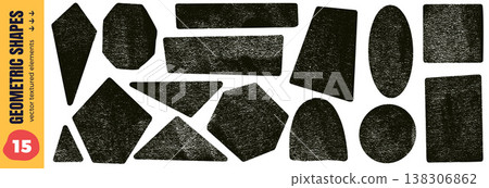 Grainy geometric shapes with heavy ink roller texture on white. Geometry elements set with grunge brush frame including triangle, oval and arch. Linocut hand drawn vector shape for sticker and tag Grainy geometric shapes with heavy ink roller texture on white. Geometry elements set with grunge brush frame including triangle, oval and arch. Linocut hand drawn vector shape for sticker and tag 138306862