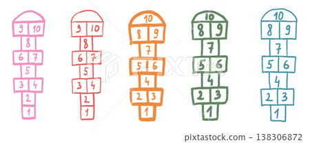 Hopscotch games chalk drawn outline child-like set isolated on dark background. Kid playground outdoor entertainment. Vector colorful wax crayon handwritten illustration elements 138306872